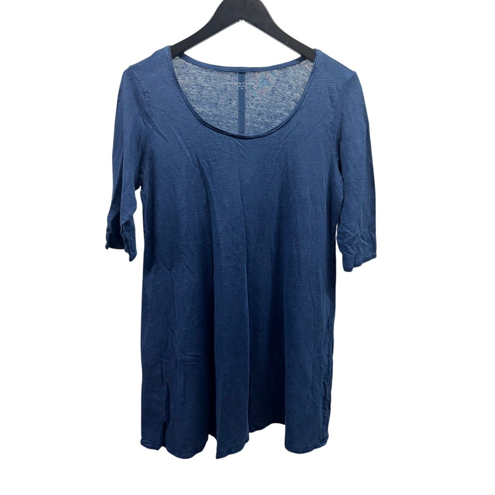 Eileen Fisher Teal 100% Linen Scoop Neck Elbow Sleeve Lightweight Tunic Top XS
